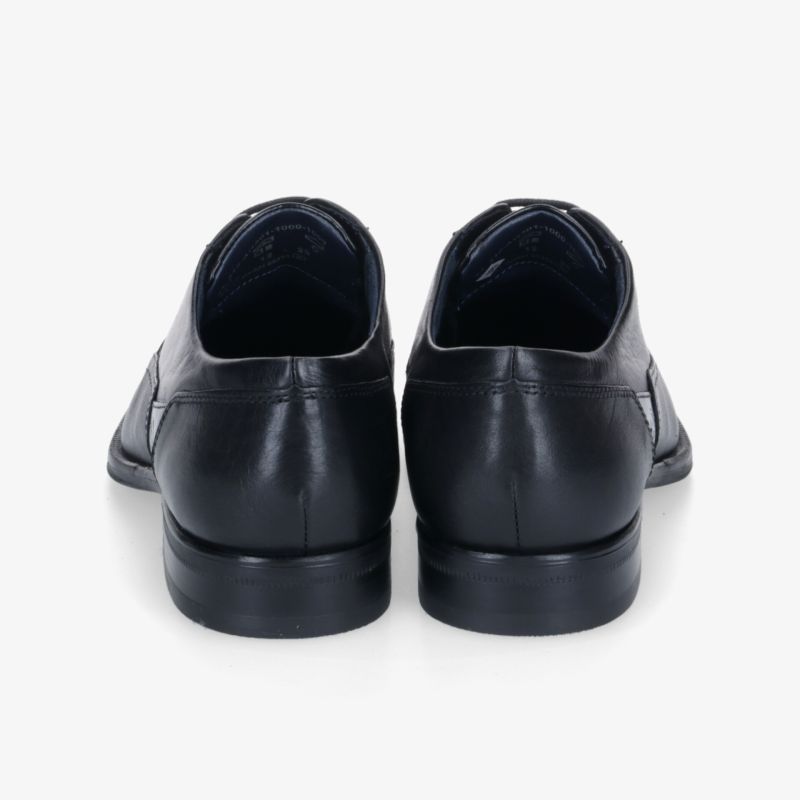 Klassische schwarze Lederschuhe mit elegantem Design und komfortabler Passform, Rückansicht.