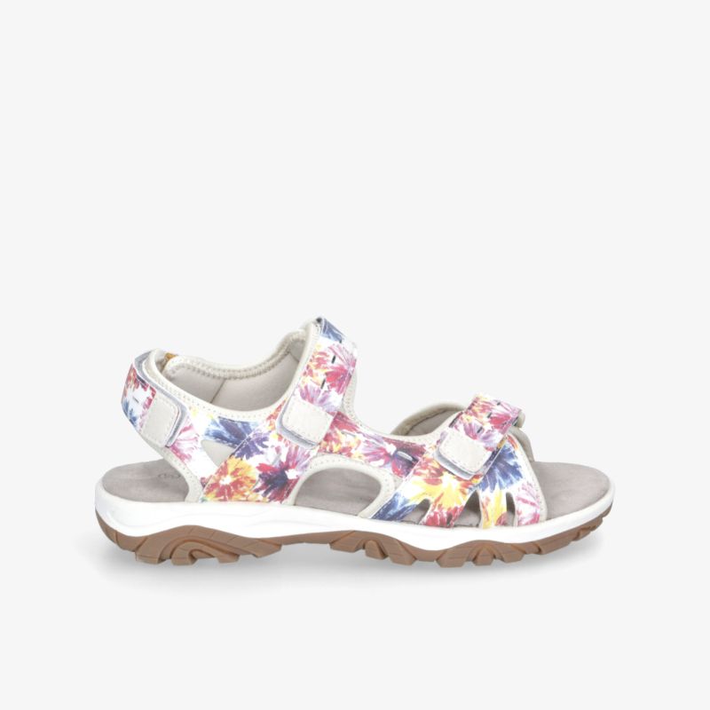 Sportliche und bequeme Sandale mit floralem Muster, verstellbaren Klettverschlüssen und rutschfester Sohle, seitliche Ansicht