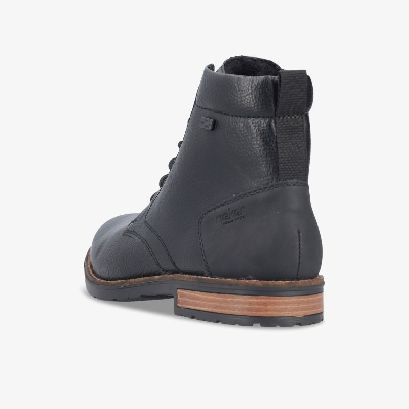 Schwarzer Lederschuh seitlich von hinten mit robuster Sohle und stabiler Schnürung, elegantes Design sichtbar
