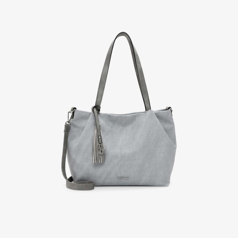 Graue Tasche mit verstellbarem Schulterriemen und dekorativem Quastenanhänger, geräumig und strapazierfähig