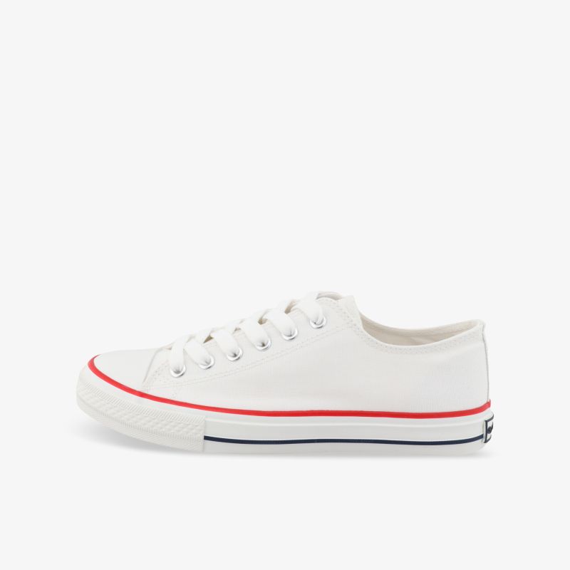 Weißer Sneaker in klarer Seitenansicht mit klassischem Design, komfortabler Passform und flexibler Sohle