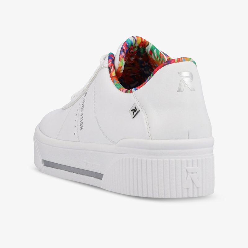 Moderner weißer Sneaker mit buntem Innenfutter und rutschfester Sohle, ideal für Alltag und Freizeit.