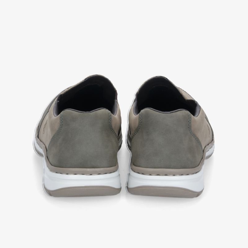 Graue sportliche Schuhe mit gepolsterter Ferse und weißer rutschfester Sohle, bequem und leicht