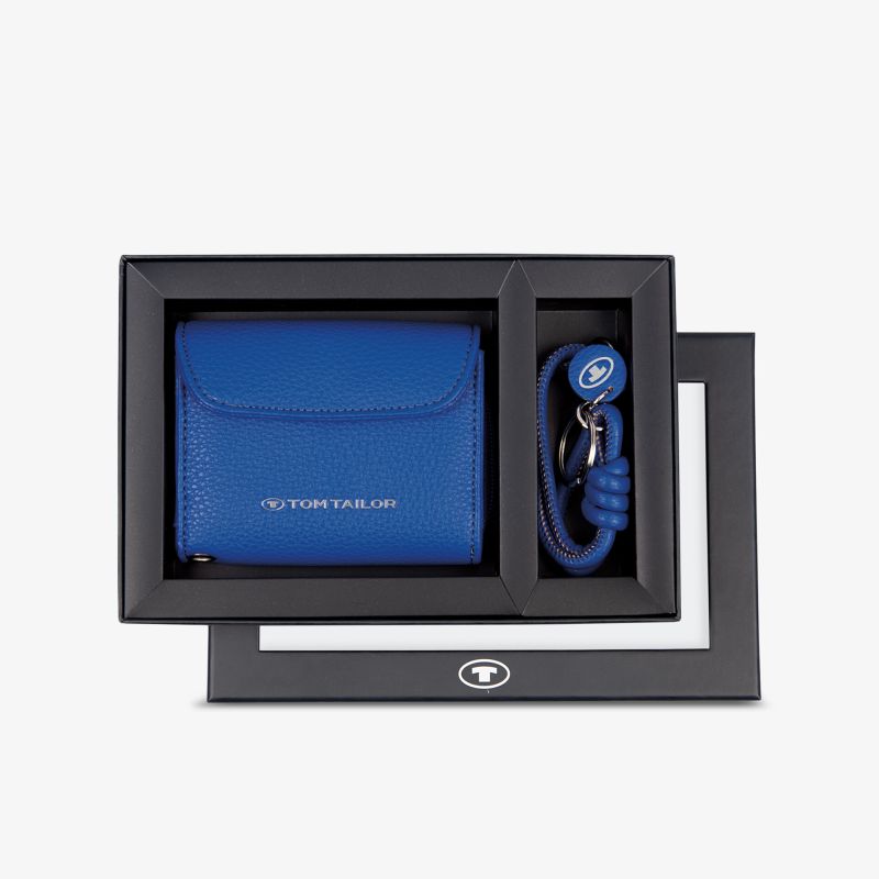 Elegantes blaues Portemonnaie-Set mit passendem Schlüsselanhänger in stilvoller Geschenkbox.