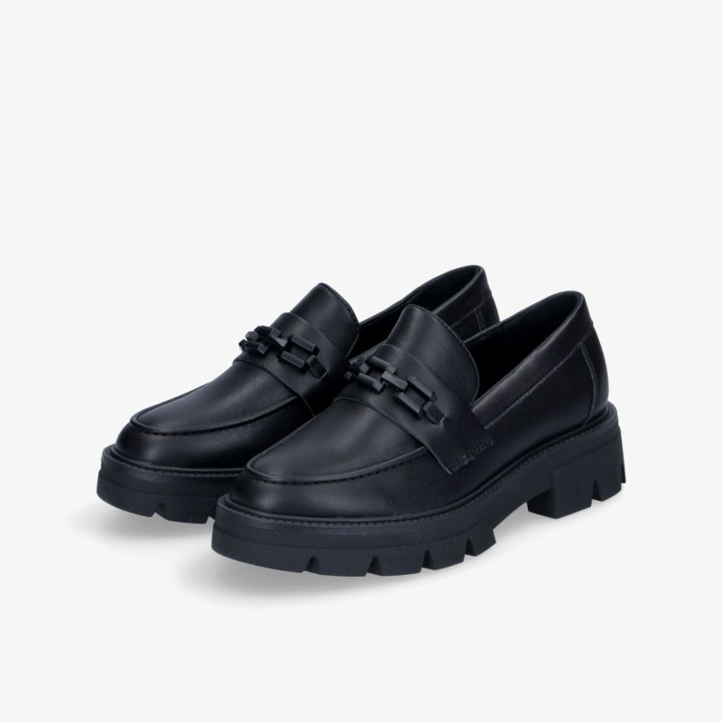 Elegante schwarze Leder-Loafer mit robuster Sohle und dekorativem Riemen für stilvolle Anlässe.