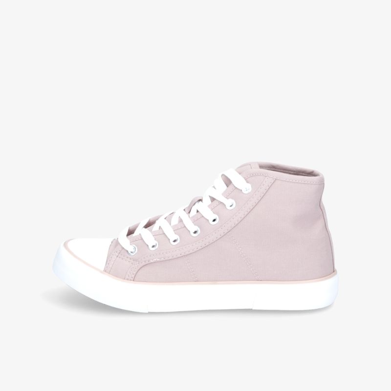 Lässiger Sneaker in sanftem Rosa mit weißer Sohle und klassischer Schnürung, ideal für Freizeit und Alltag.