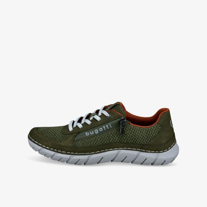 Grüner sportlicher Sneaker in seitlicher Ansicht mit weißer Schnürung und flexibler, leichter Sohle