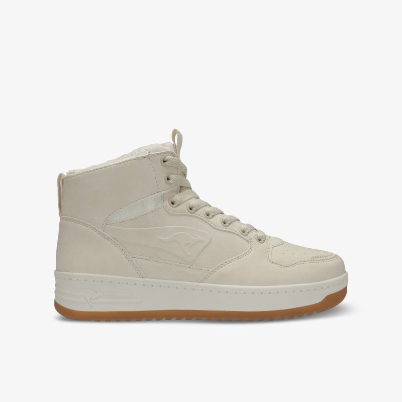Beiger Sneaker mit hohem Schaft in seitlicher Ansicht, sportlich und bequem mit stabiler Sohle und modernem Design