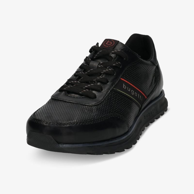 Eleganter schwarzer Sneaker mit Lederelementen und rutschfester Sohle, ideal für sportliche Eleganz.