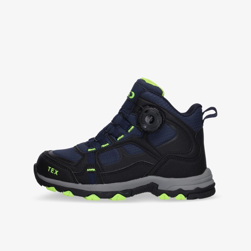 Wasserdichter, atmungsaktiver Kinder-Outdoor-Stiefel mit Klettverschluss und rutschfester Sohle in Dunkelblau und Neongrün.