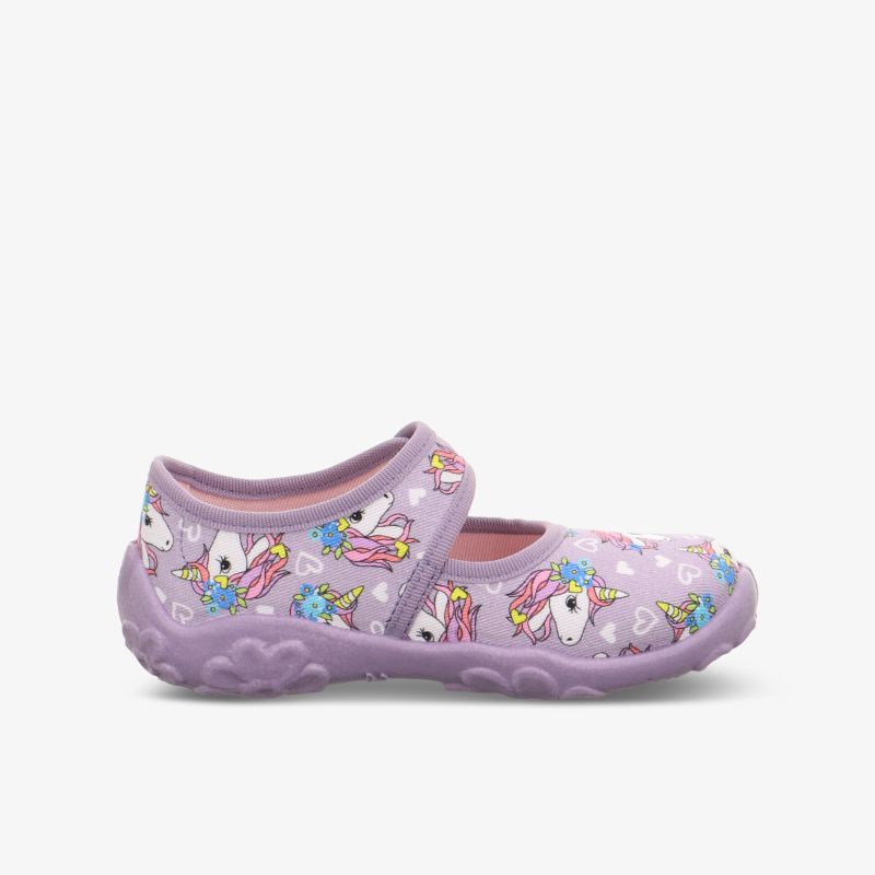 Leichter Kinderclog in Lila mit buntem Einhornmotiv, weiches und bequemes Material, flexible Passform