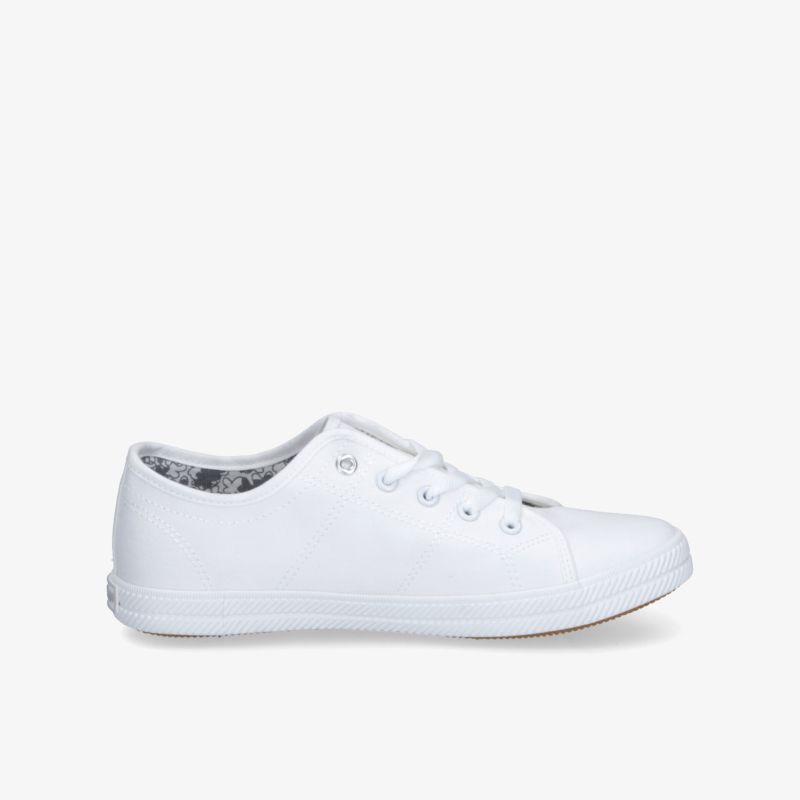 Seitliche Ansicht eines weißen Sneakers mit Schnürsenkeln, leichtem Design und rutschfester Sohle