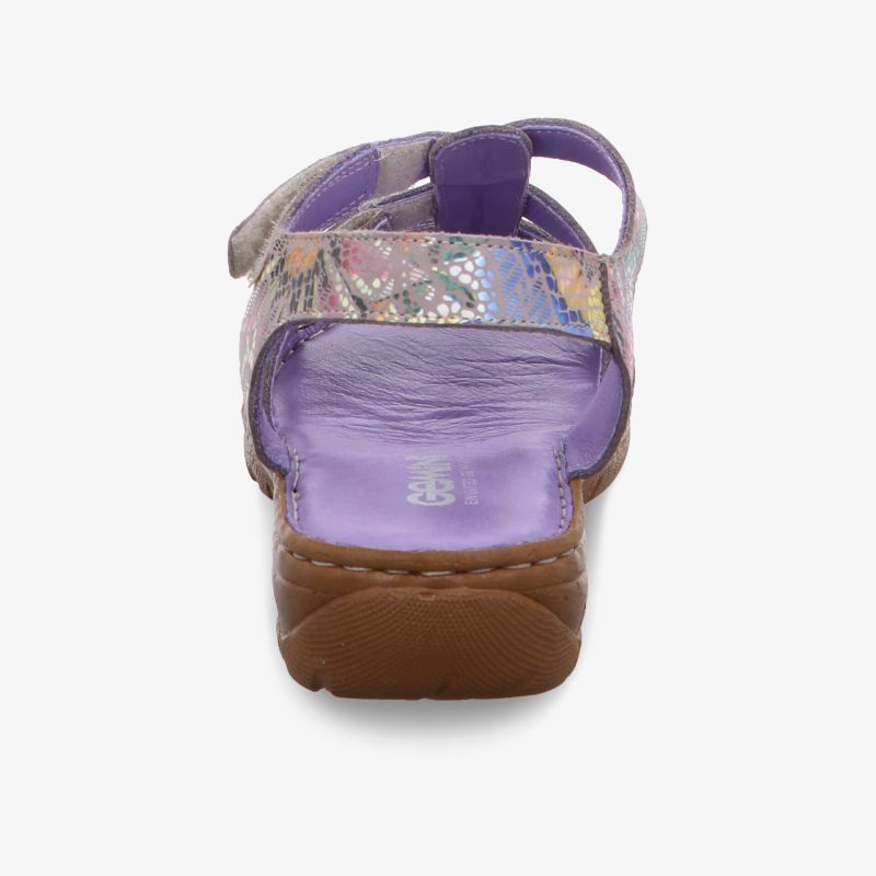 Rückansicht einer hochwertigen, gepolsterten violetten Sandale mit ergonomischer Sohle und flexiblem Riemen