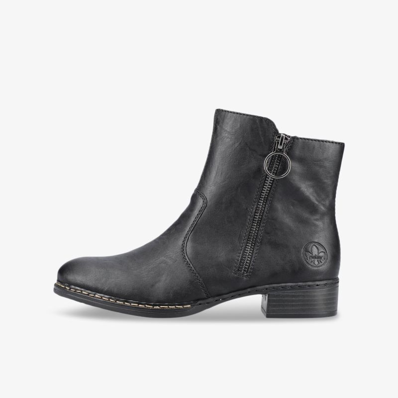 Elegante schwarze Lederstiefelette mit seitlichem Reißverschluss und komfortablem Blockabsatz für vielseitigen Stil.