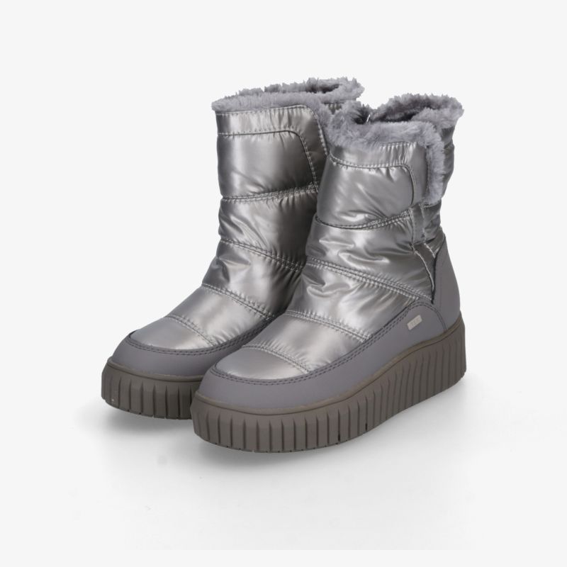 Moderne silberne Winterstiefel mit warmem Innenfutter und robuster rutschfester Plateausohle