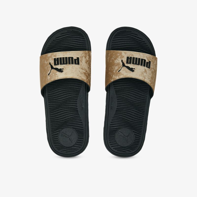 Schwarze Pantoletten mit goldenem Markenriemen, rutschfeste Sohle und modernem Design für komfortables Tragen.