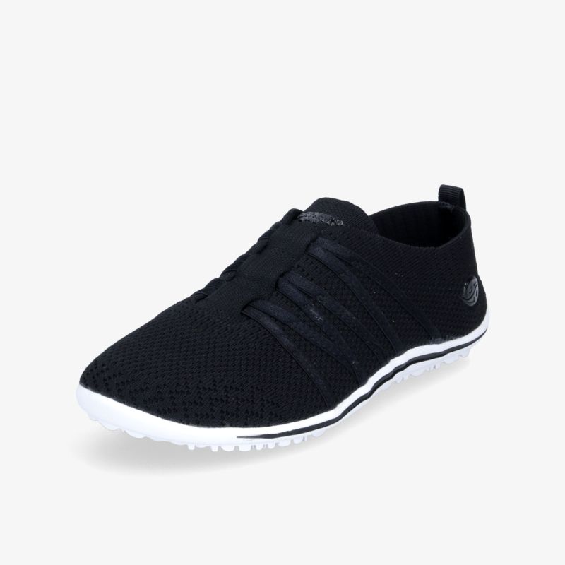 Schwarzer Sneaker mit elastischem Obermaterial und weißer Sohle für optimalen Komfort und Stil.