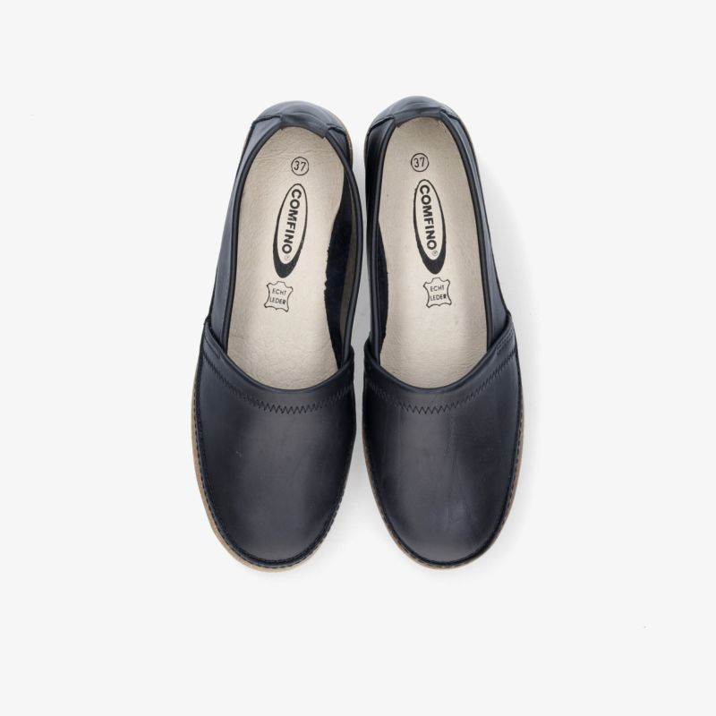 Klassische schwarze Schuhe aus Leder mit rutschfester Sohle, ideal für vielseitige Anlässe.