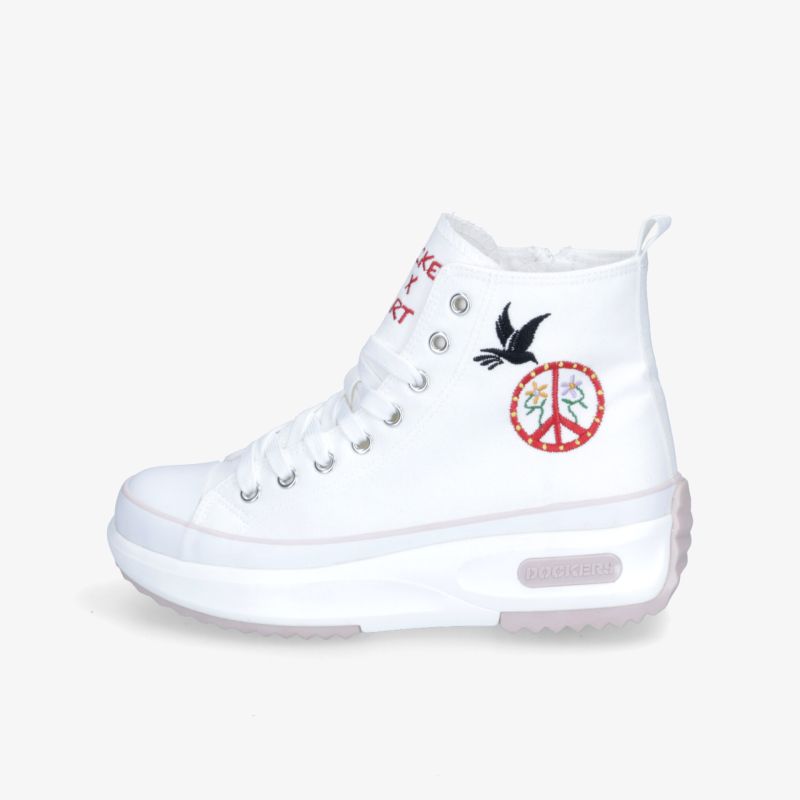 Stylish white high-top sneakers with peace symbol and bird design, comfortable and trendy look.