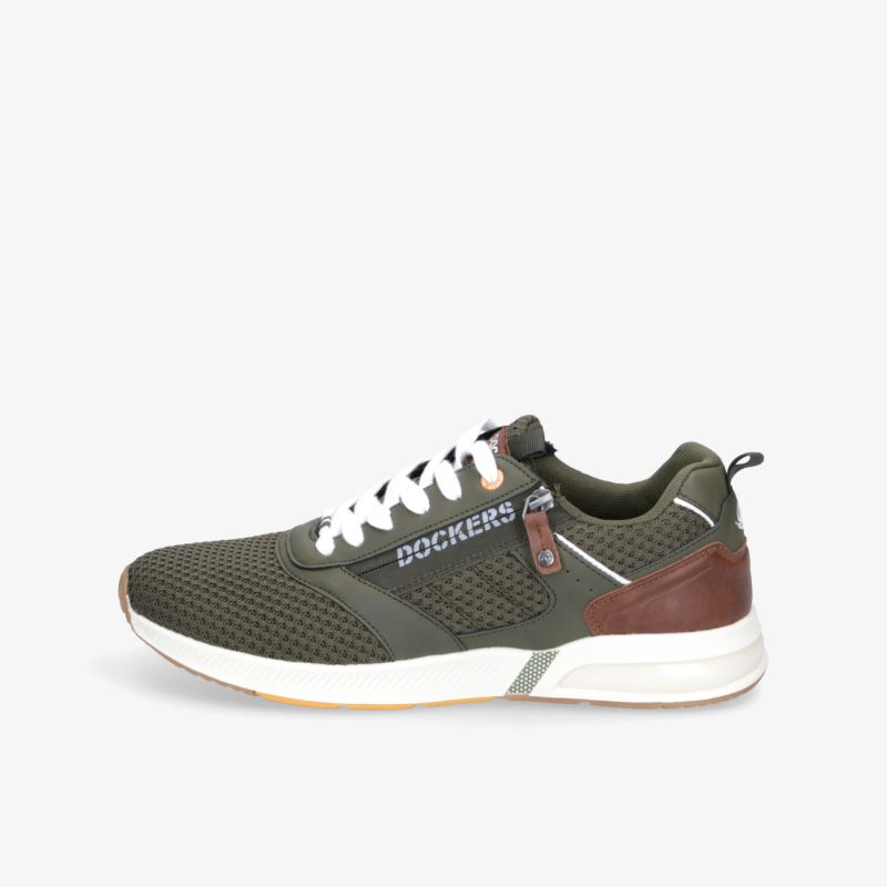 Moderner grüner Sneaker mit weißen Schnürsenkeln und braunen Akzenten für bequemen, sportlichen Alltag.