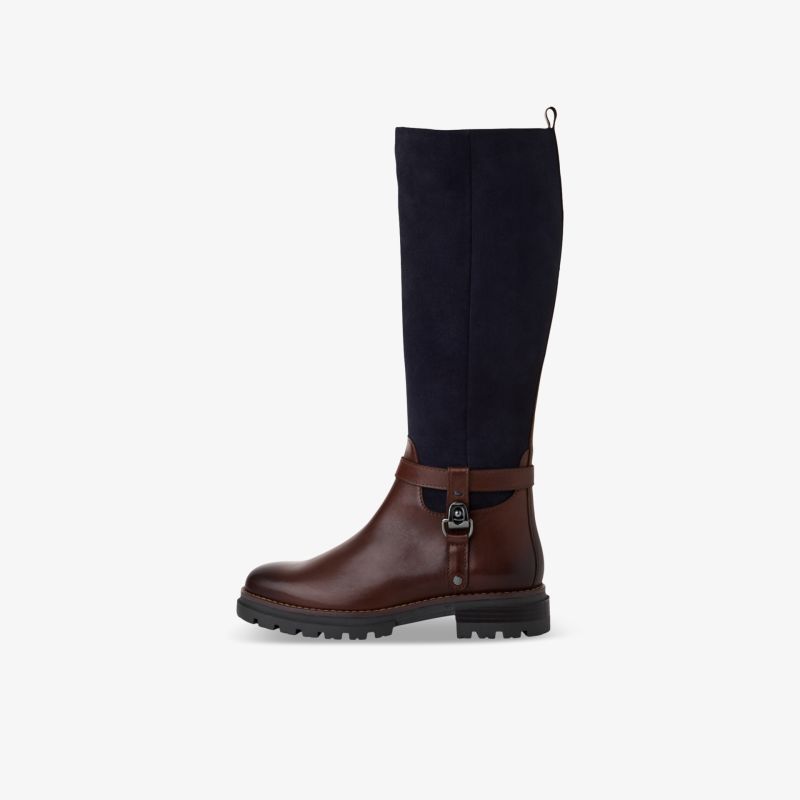 Eleganter hoher Stiefel mit robustem Absatz und verstellbarer Schnalle, zweifarbig aus Leder und Textil