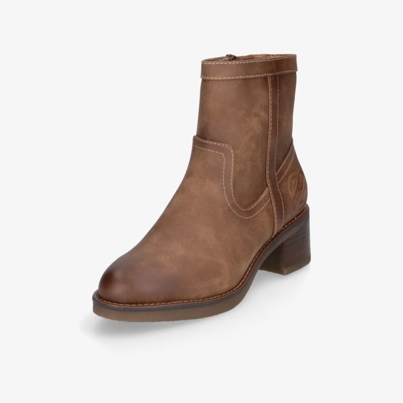 Robuster brauner Lederstiefel mit mittelhohem Absatz und praktischem Reißverschluss, modisch und strapazierfähig