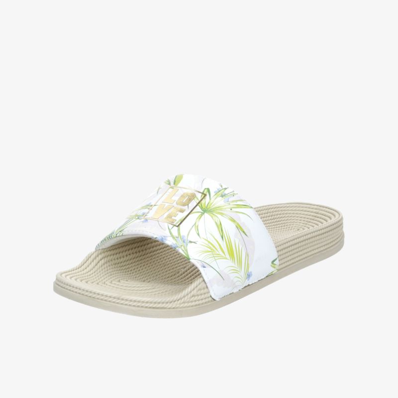 Bequeme Sandale mit floraler Verzierung und geripptem Fußbett für optimalen Tragekomfort im Sommer.