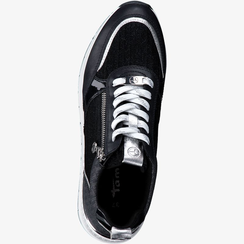 Schwarzer Sneaker mit silbernen Akzenten und Reißverschluss für sportlichen Stil und Komfort.