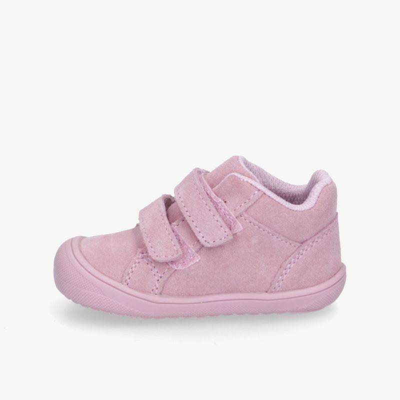 Rosafarbener Kinderschuh mit praktischem Klettverschluss und flexibler, weicher Sohle für optimalen Tragekomfort