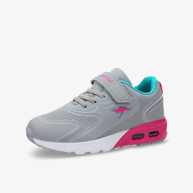 Grauer Sneaker mit pinken Akzenten und Klettverschluss, ideal für Freizeit und Komfort.