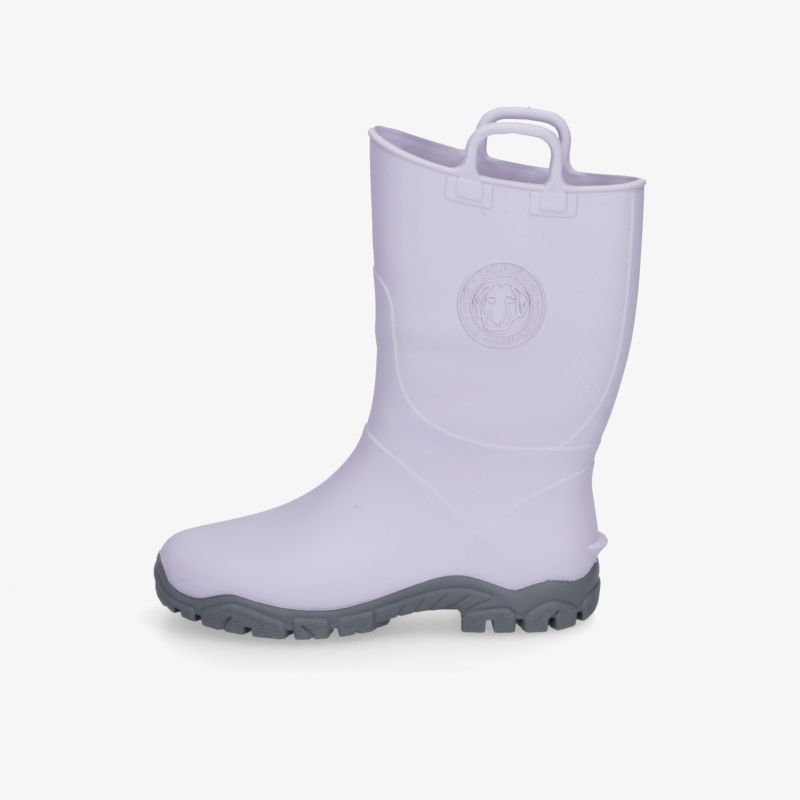 Robuste, wasserdichte lilafarbene Regenstiefel mit rutschfester Sohle und seitlichen Griffen.