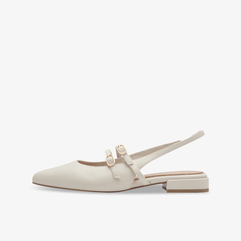 Eleganter beiger Slingback Schuh mit spitzer Kappe und verstellbarem Riemen, flacher Absatz für hohen Tragekomfort seitliche Ansicht