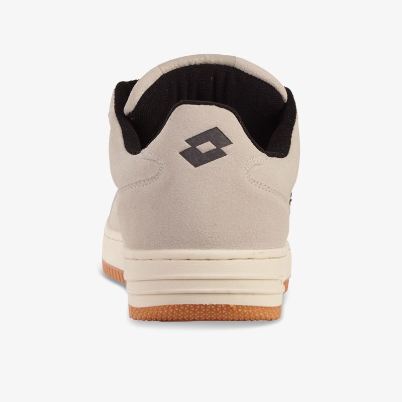 Robuster Schuh mit gedämpfter Fersenkappe und rutschfester Gummisohle in weißer Farbe, Rückansicht