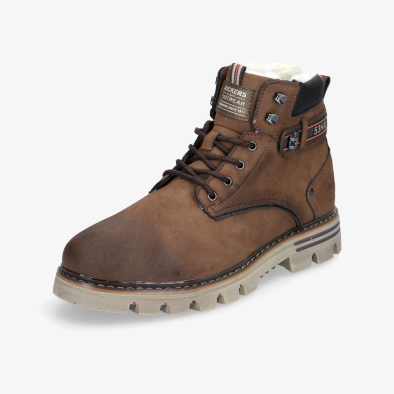 Robuster brauner Stiefel mit stabiler Sohle und starkem Profil für optimalen Halt und Komfort.