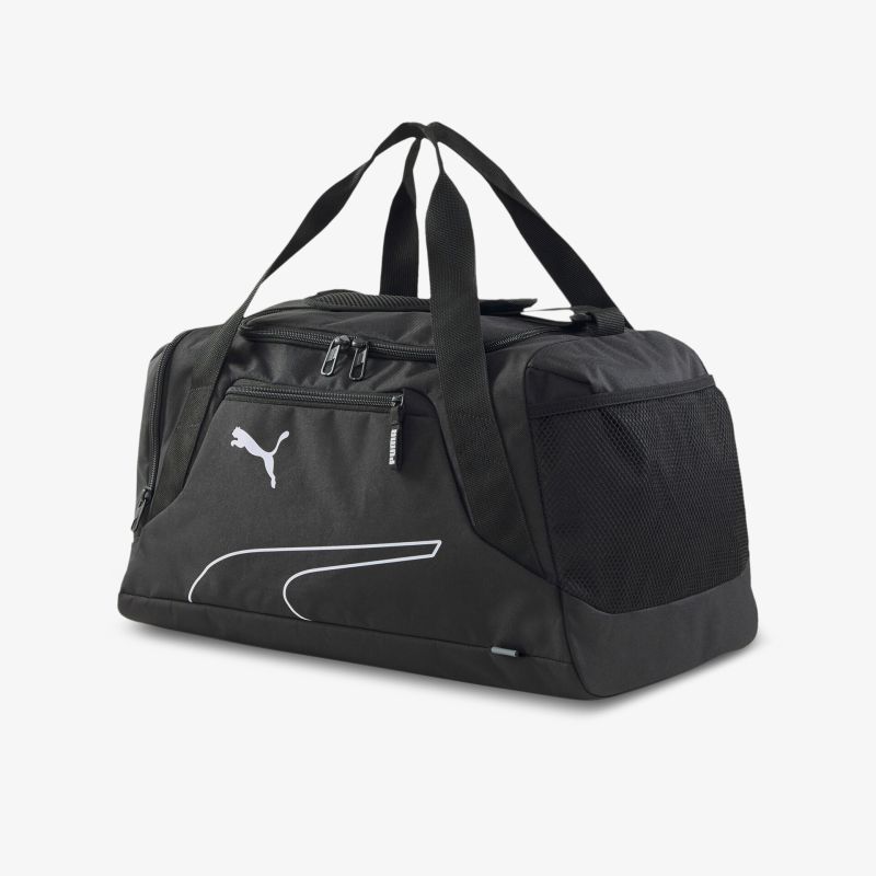 Elegante schwarze Sporttasche mit markantem Design und praktischem Stauraum für Sport oder Reisen.