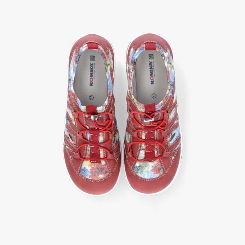 Rote Sportschuhe mit buntem Muster, robuster Schnürung und flexibler, leichter Sohle, Draufsicht