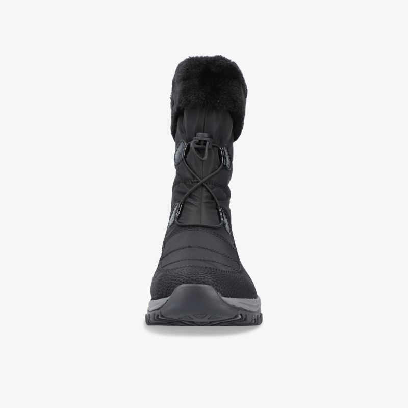 Schwarzer Winterstiefel mit warmer Innenausstattung und rutschfester Profilsohle in Frontansicht