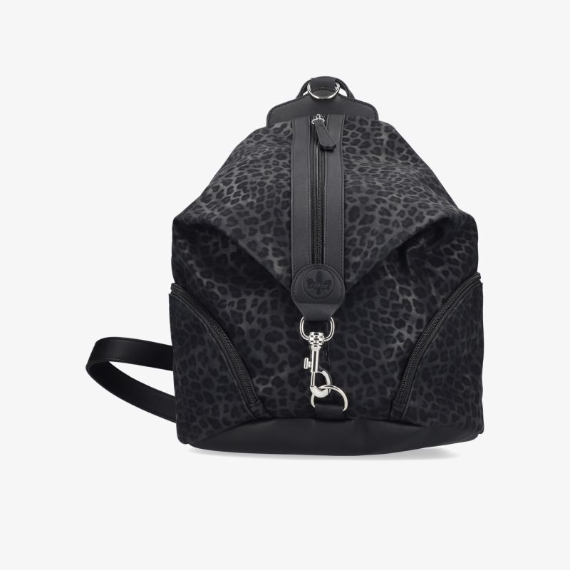 Schwarzer Rucksack mit dezentem Leopardenmuster und stabilem zentralem Reißverschluss, kompakt und modern