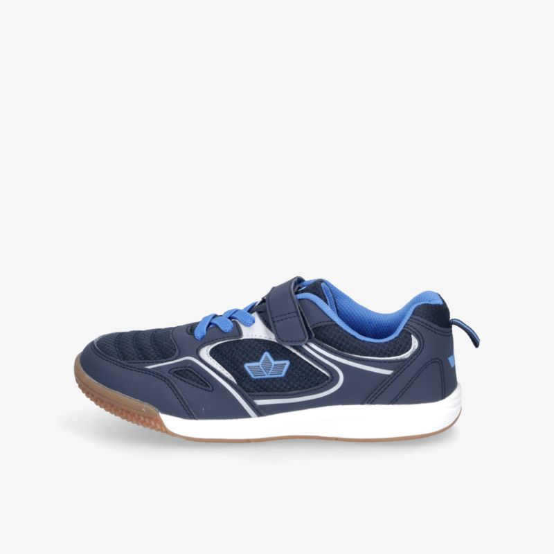 Seitlich abgebildeter leichter Sportschuh mit atmungsaktivem Material und rutschfester Sohle in dunklem Blau