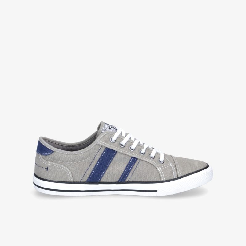 Stylische graue Sneaker mit blauen Streifen und weißer Sohle für maximale Bequemlichkeit und modischen Look.