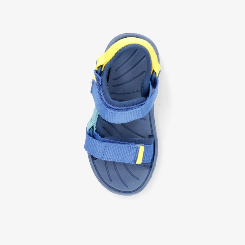 Blaue Sandale mit Klettverschluss, ideal für komfortables Tragen und optimale Passform.