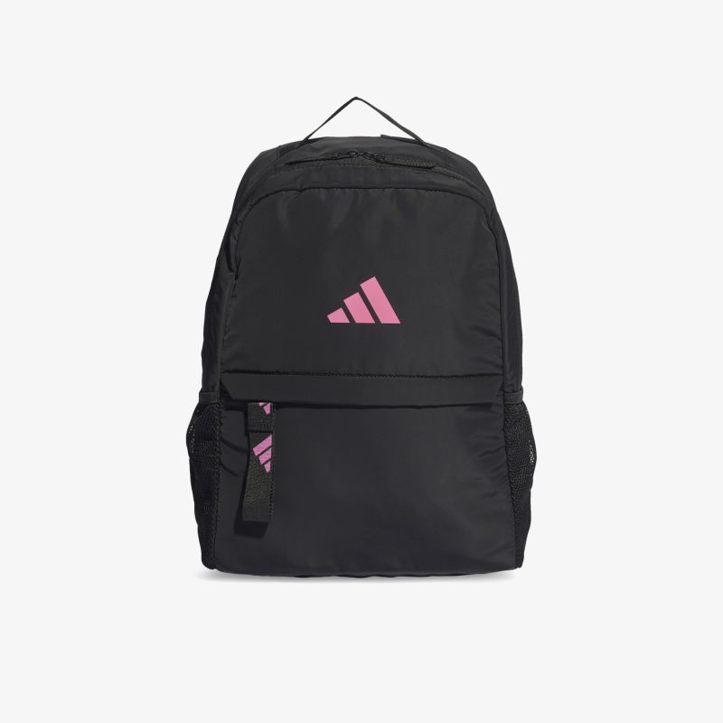 Stilvoller schwarzer Rucksack mit auffälligem rosa Logo, geräumig und ideal für den täglichen Gebrauch.