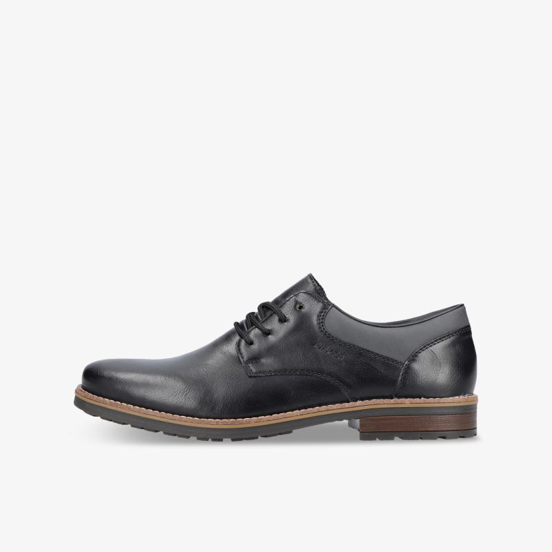 Eleganter schwarzer Lederschnürschuh mit brauner Sohle und glattem Finish, bequem und klassisch im Design