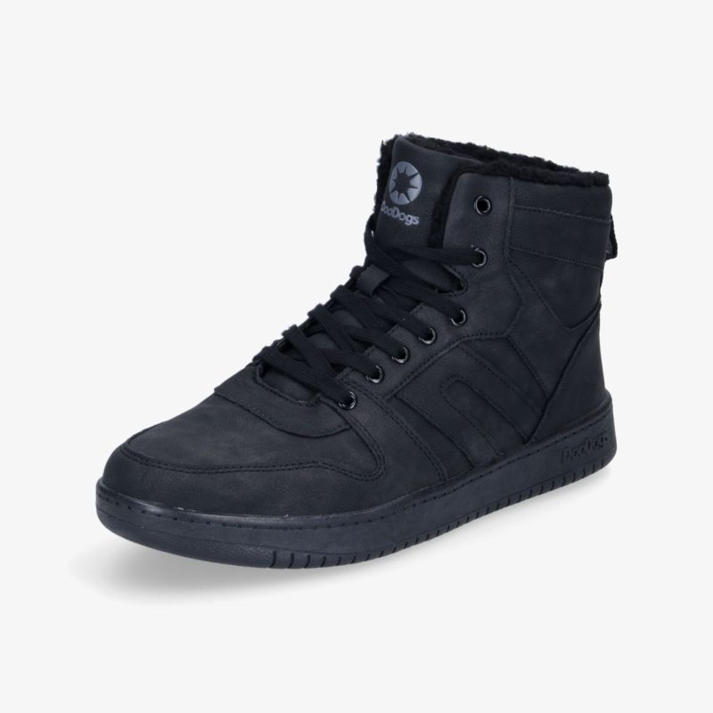 Schwarze Sneaker mit hohem Schaft und robuster Sohle, ideal für kaltes Wetter. Modisches Design und hoher Tragekomfort.