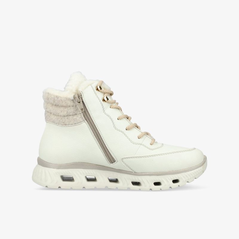 Moderner weißer Winterstiefel mit Komfortsohle, warmem Futter und praktischem Reißverschluss seitlich.