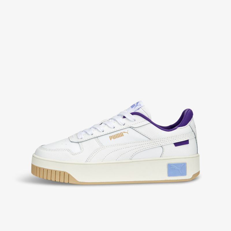 Moderner weißer Sneaker mit lilafarbenen Akzenten und bequemer Plattformsohle für vielseitigen Stil.