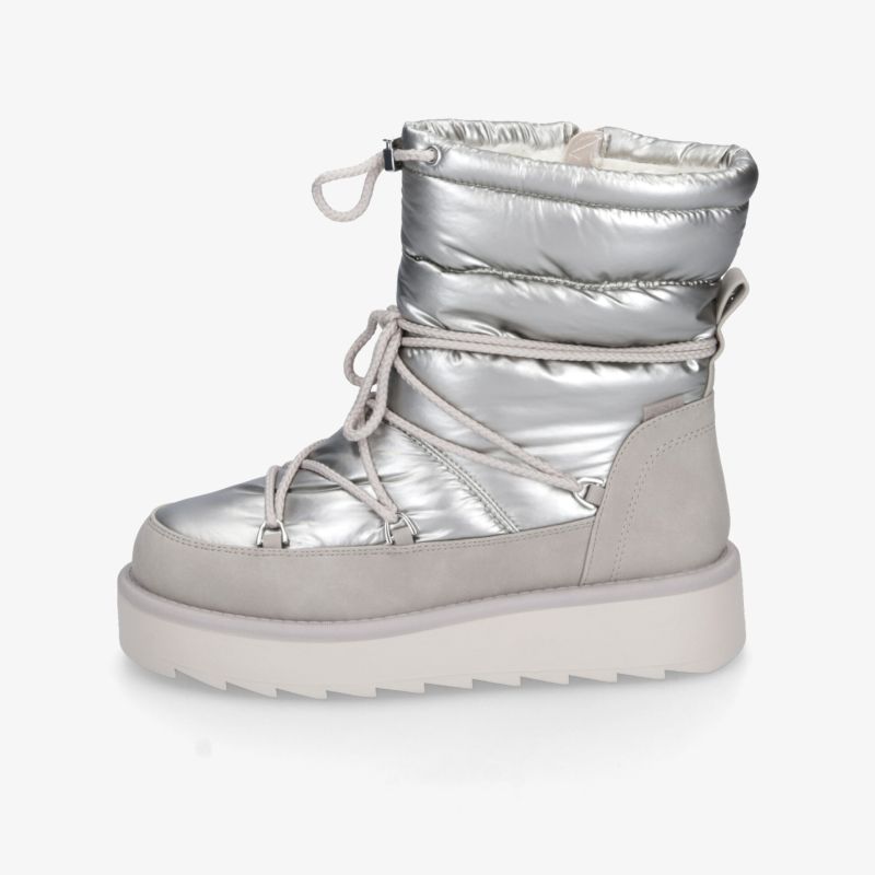Hoher silberner Winterboot mit gepolstertem Schaft, robuster Profilsohle und komfortablem Design für kalte Tage
