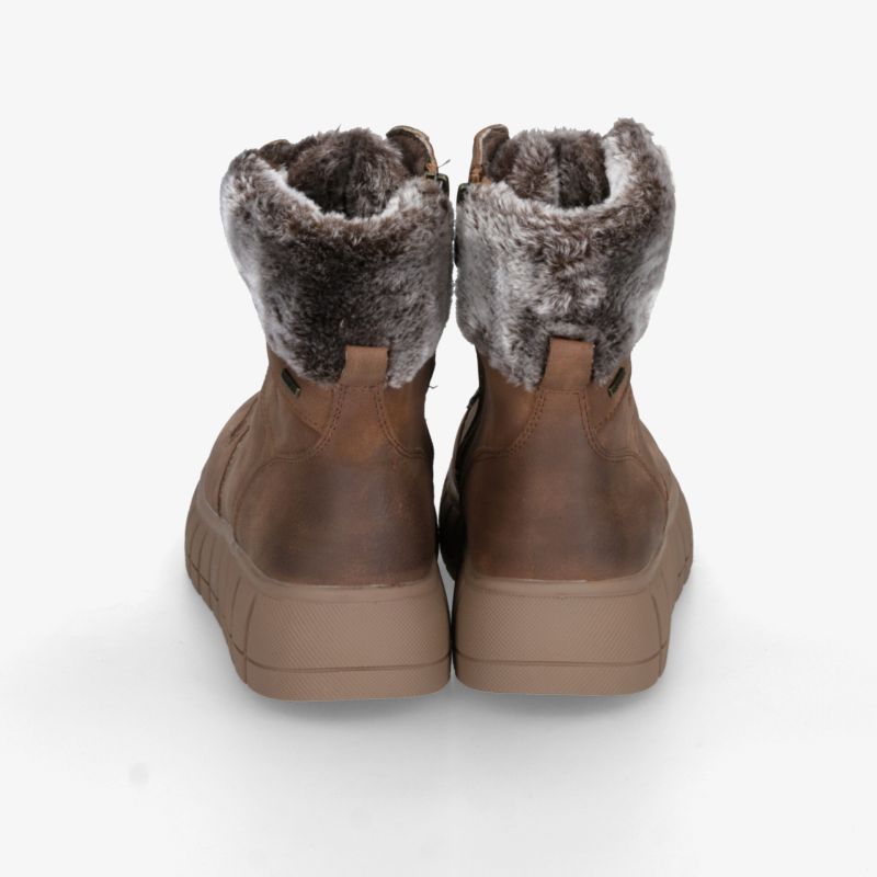 Warme braune Stiefel mit weichem Fellfutter, bequemer leichter Absatz und rutschfester Sohle, Rückansicht