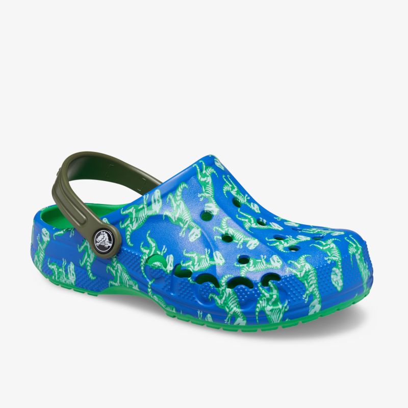 Blaue Clog-Schuhe mit farbenfrohem Muster, verstellbarem Riemen und bequemem Design für vielseitige Anwendungen.