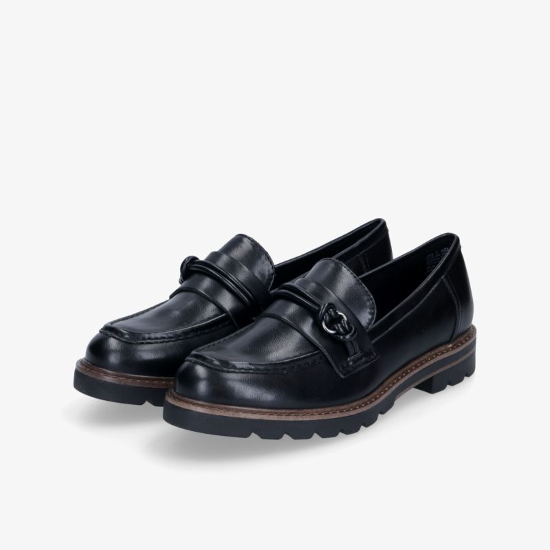 Elegante schwarze Loafers aus Leder mit modischem Design und rutschfester Sohle im Paar schräg von vorne